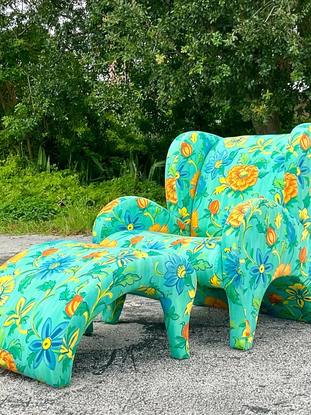 Vintage Boho Thayer Coggin Floral Chair and Ottoman Set