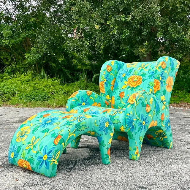Vintage Boho Thayer Coggin Floral Chair and Ottoman Set — additional photo 1