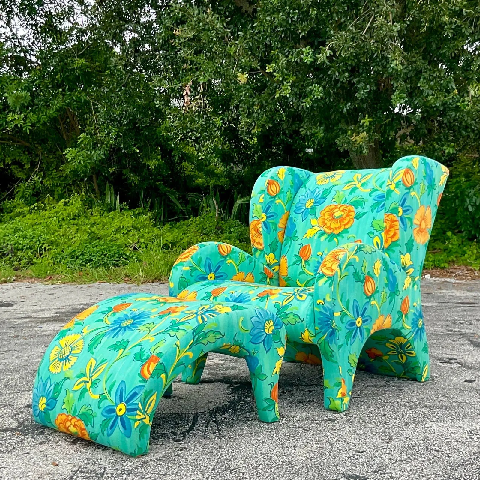 Vintage Boho Thayer Coggin Floral Chair and Ottoman Set — additional photo 2