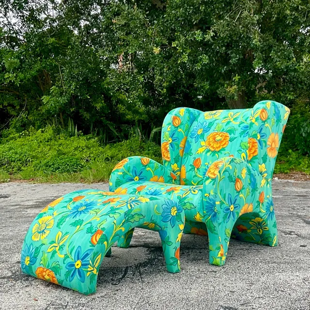 Vintage Boho Thayer Coggin Floral Chair and Ottoman Set — additional photo 2