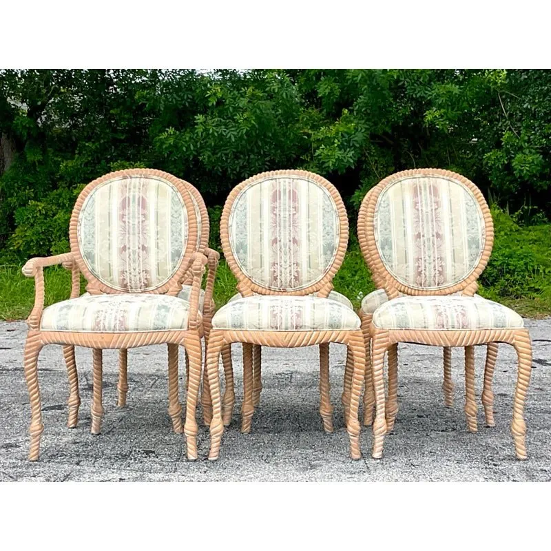 Vintage Boho Carved Wood Rope Design Dining Chairs - Set of 6 — additional photo 4