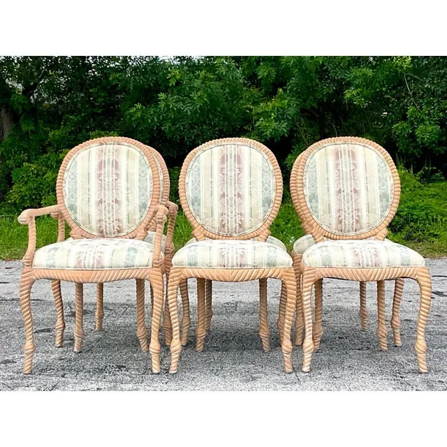 Vintage Boho Carved Wood Rope Design Dining Chairs - Set of 6 — additional photo 4