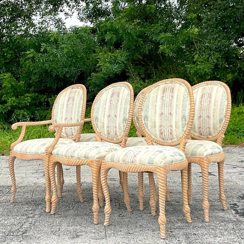 Vintage Boho Carved Wood Rope Design Dining Chairs - Set of 6 — additional photo 2