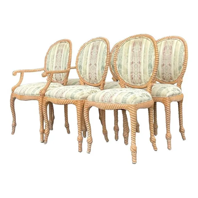 Vintage Boho Carved Wood Rope Design Dining Chairs - Set of 6 — additional photo 1