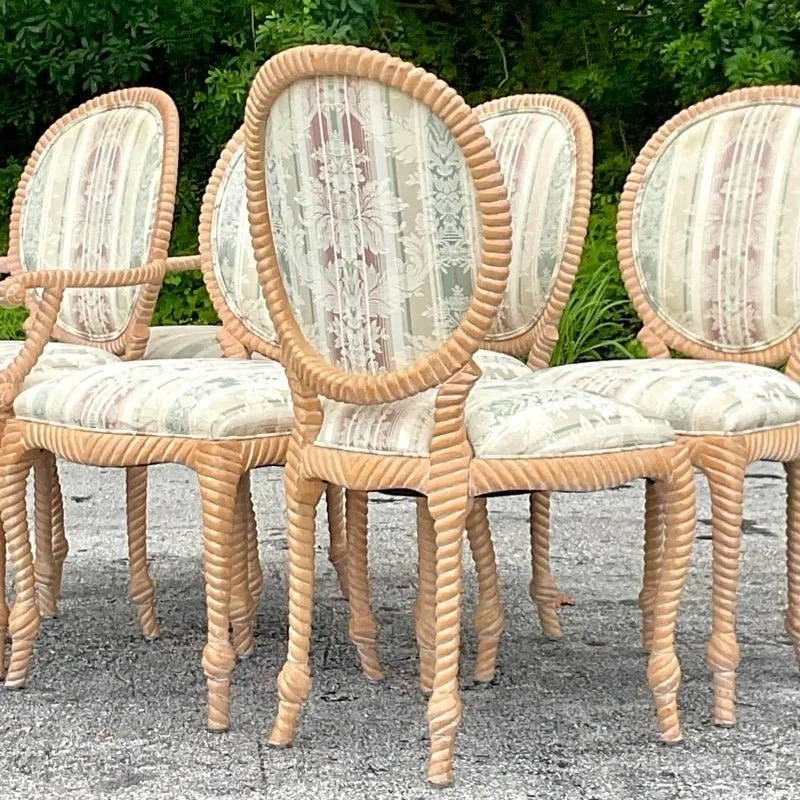 Vintage Boho Carved Wood Rope Design Dining Chairs - Set of 6 — additional photo 6