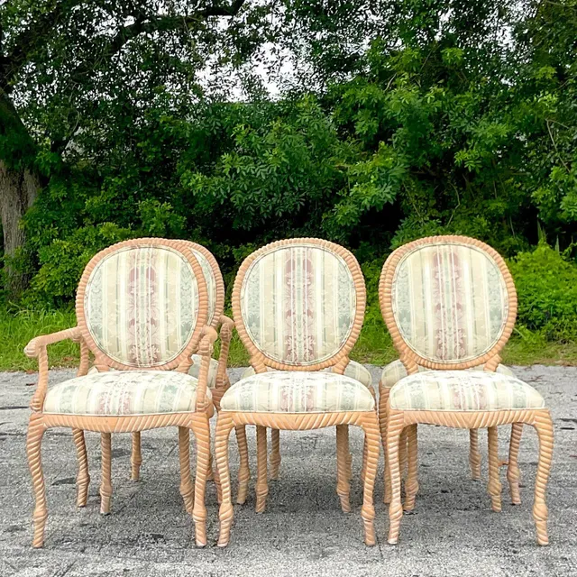 Vintage Boho Carved Wood Rope Design Dining Chairs - Set of 6 — additional photo 7
