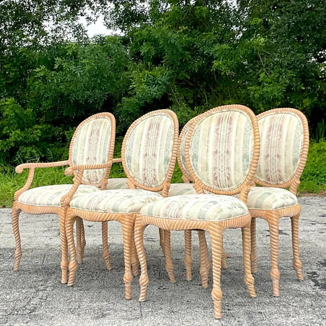 Vintage Boho Carved Wood Rope Design Dining Chairs - Set of 6 — additional photo 3