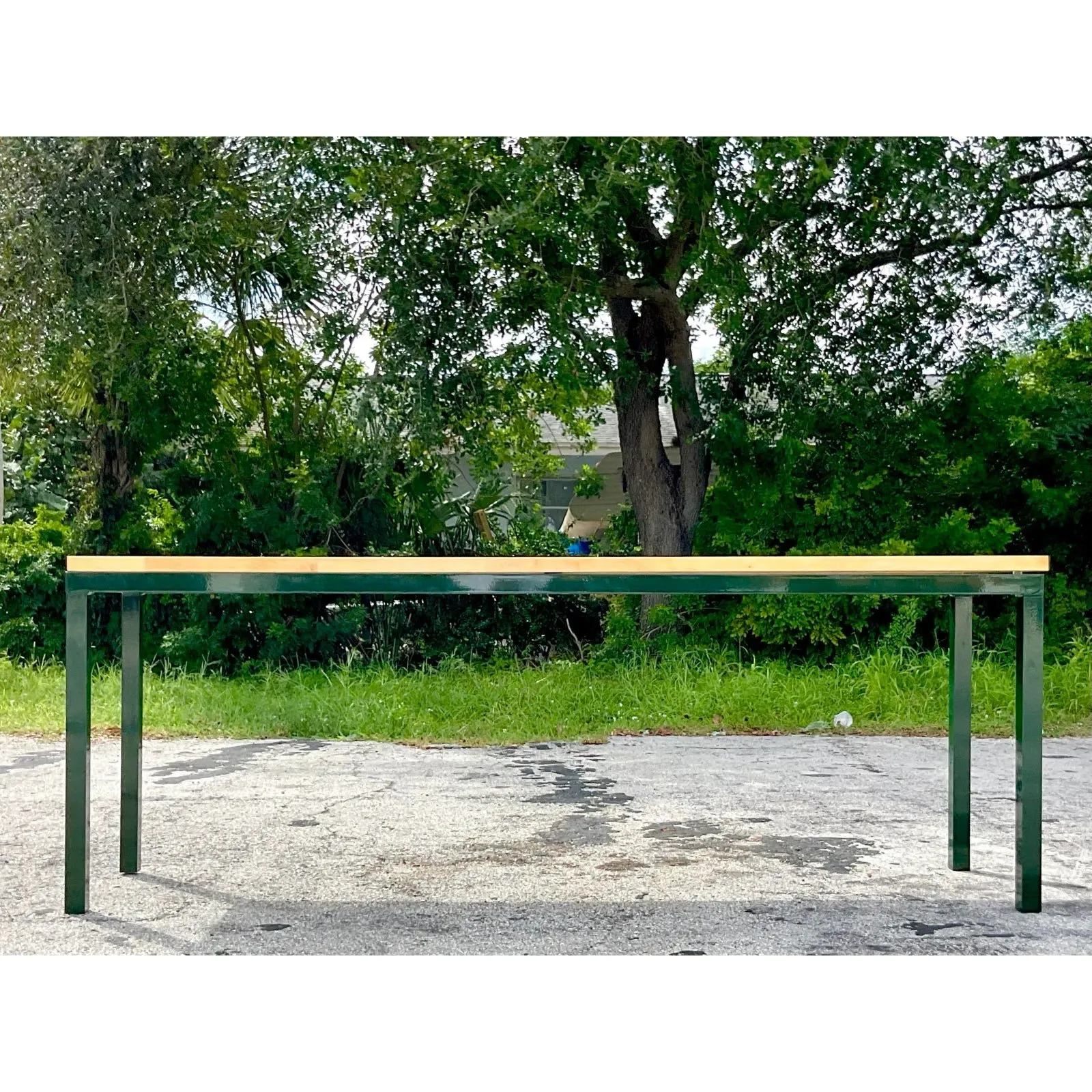 Vintage Boho Hunter Green Metal and Butcher Block Console Table, 1980s — additional photo 7