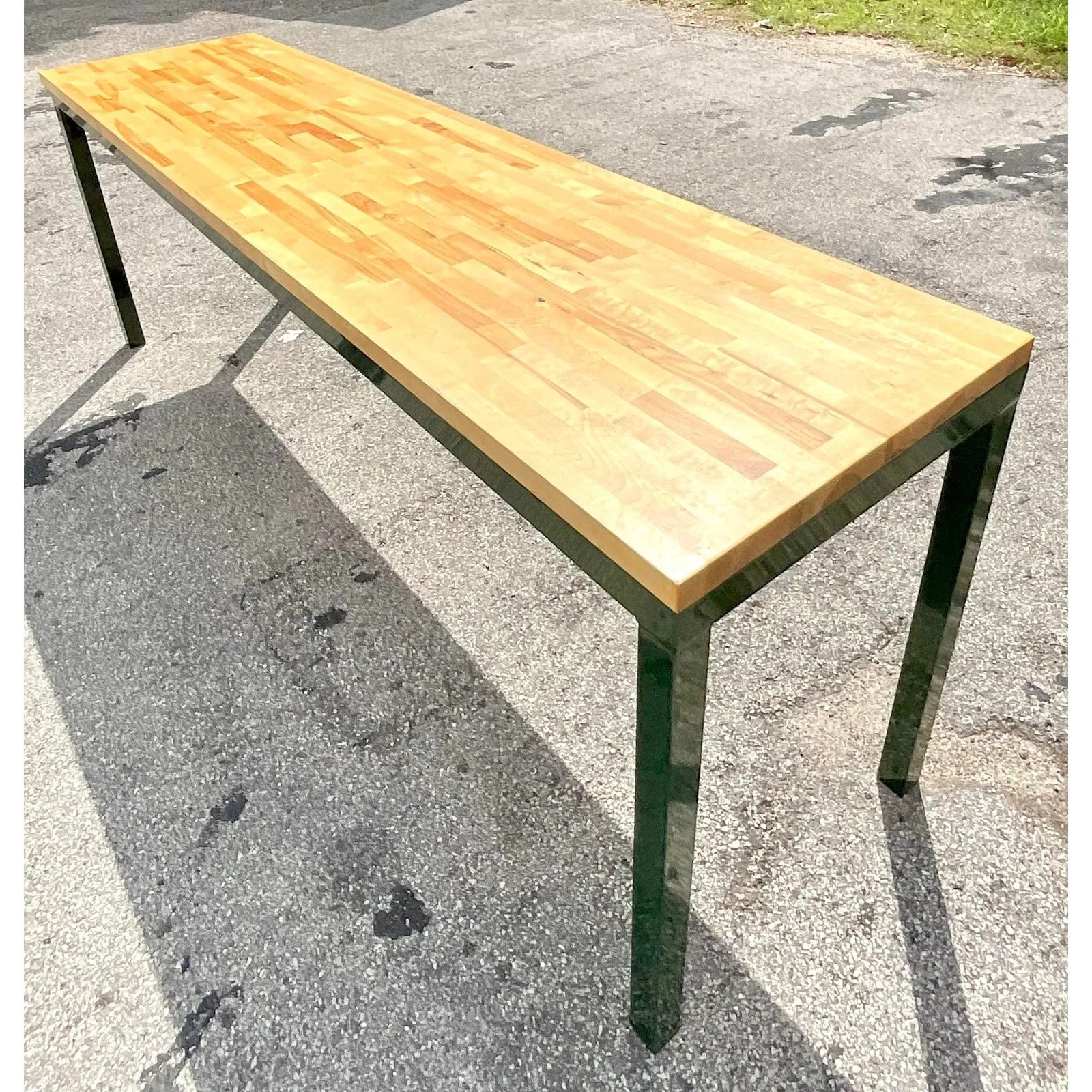 Vintage Boho Hunter Green Metal and Butcher Block Console Table, 1980s — additional photo 6