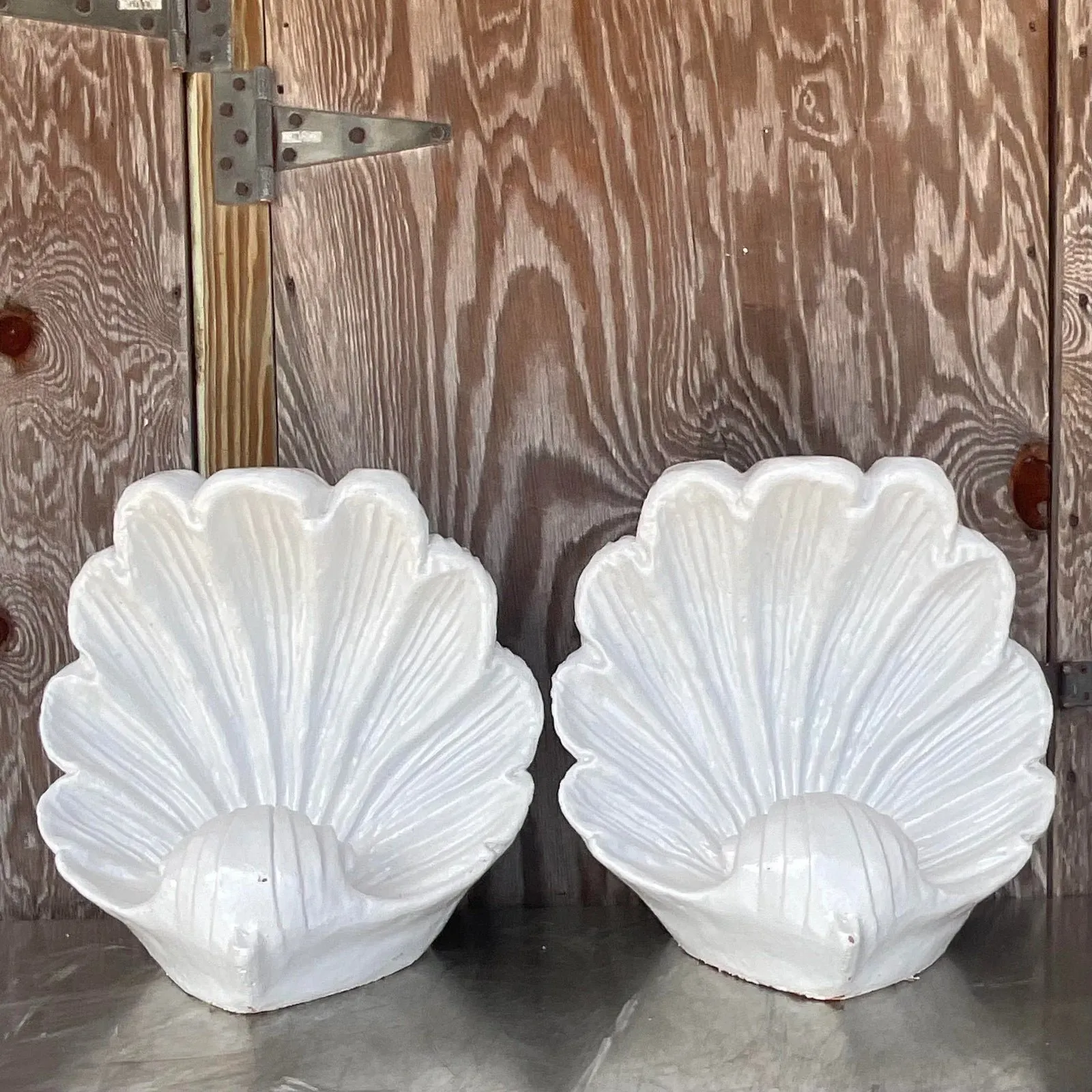 Vintage Coastal White Glazed Ceramic Clam Shell Sculptures - a Pair