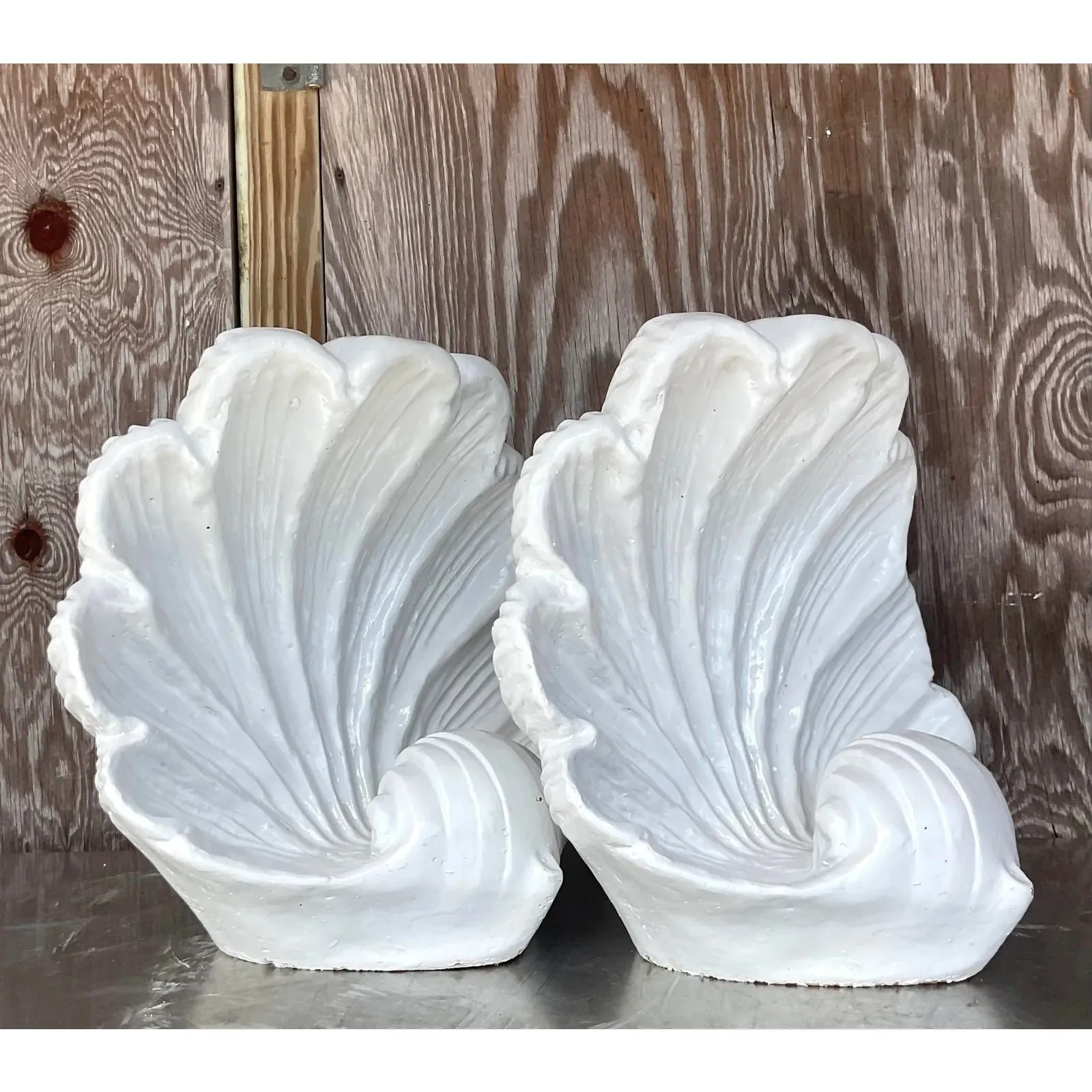 Vintage Coastal White Glazed Ceramic Clam Shell Sculptures - a Pair — additional photo 4