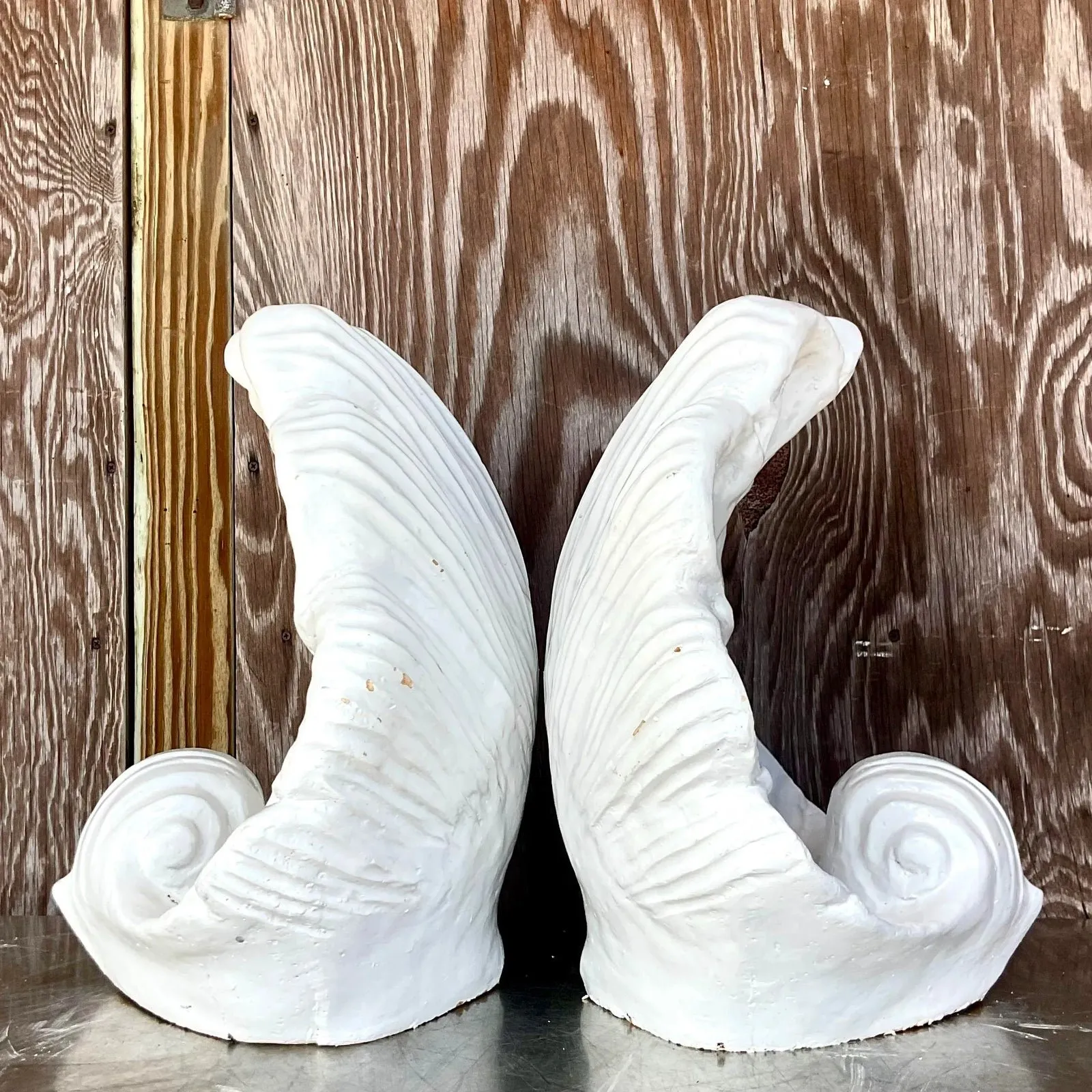 Vintage Coastal White Glazed Ceramic Clam Shell Sculptures - a Pair — additional photo 5