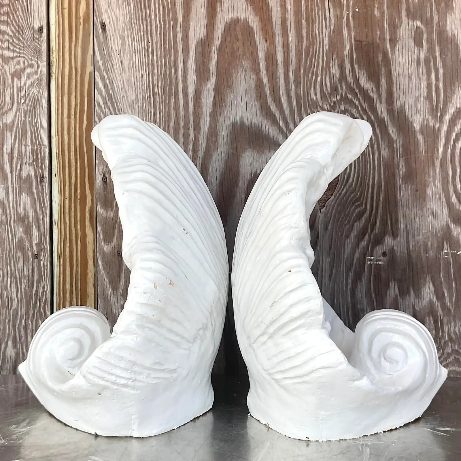 Vintage Coastal White Glazed Ceramic Clam Shell Sculptures - a Pair — additional photo 6