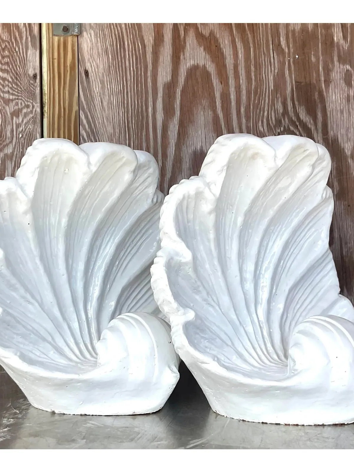 Vintage Coastal White Glazed Ceramic Clam Shell Sculptures - a Pair — additional photo 6
