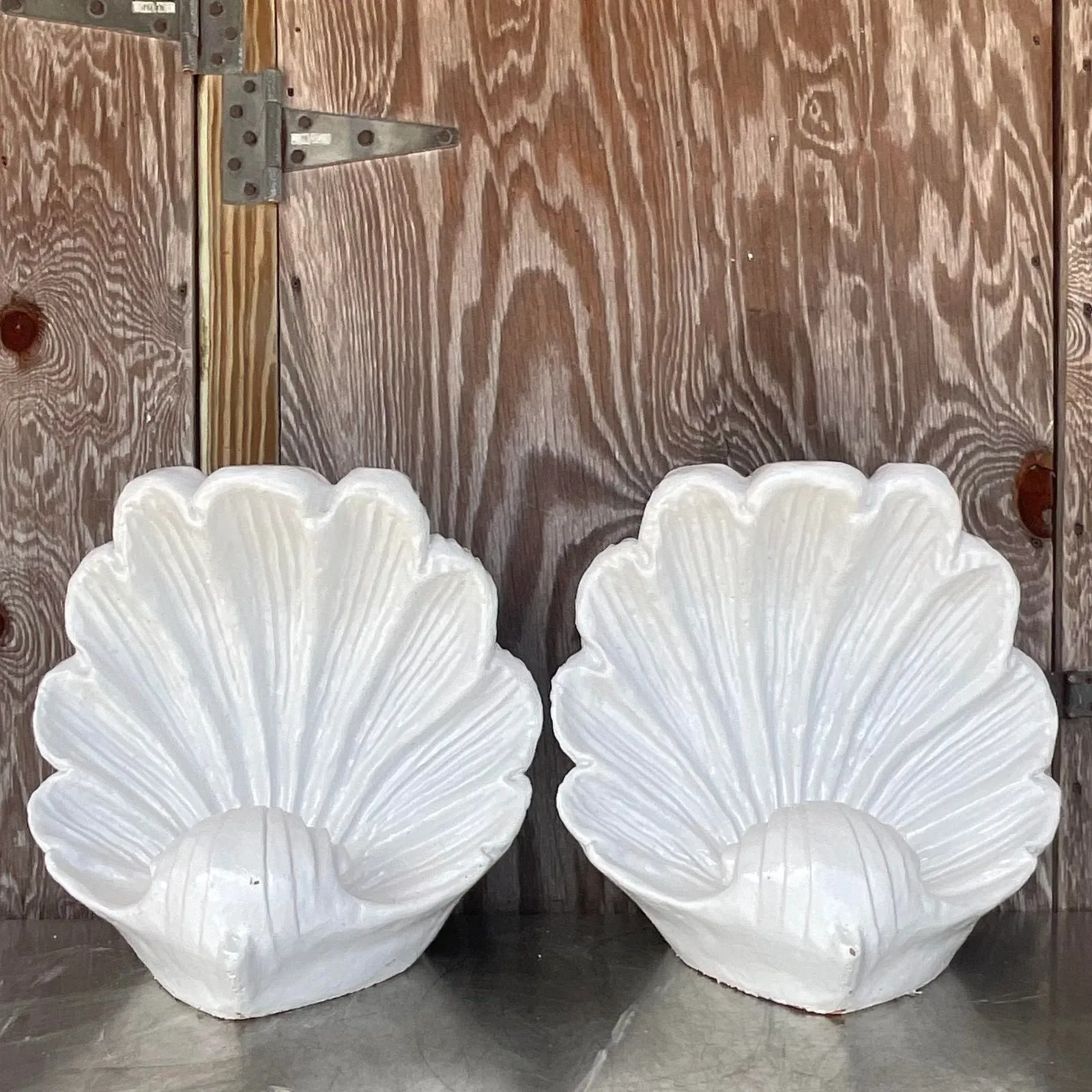 Vintage Coastal White Glazed Ceramic Clam Shell Sculptures - a Pair — additional photo 8