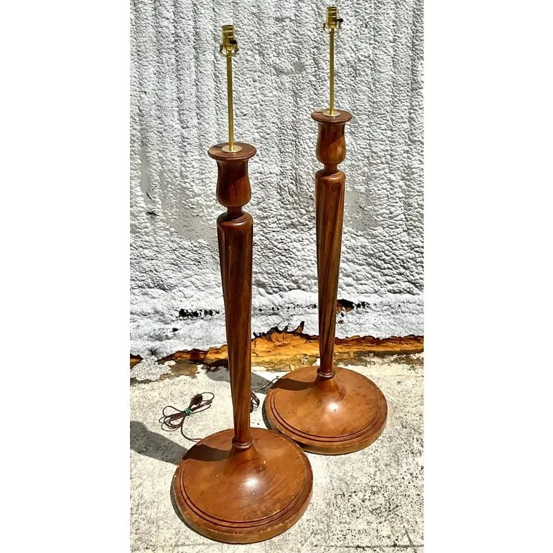 Vintage Regency Boho Candlestick Wood Floor Lamps - a Pair