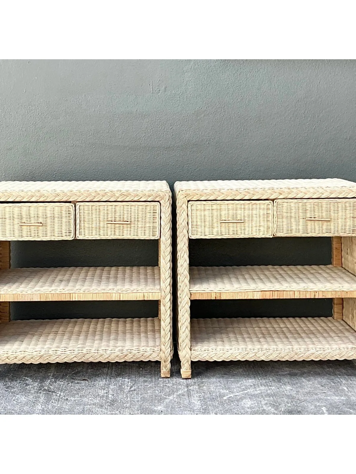 Vintage Braided Rattan Side Tables - A Pair
