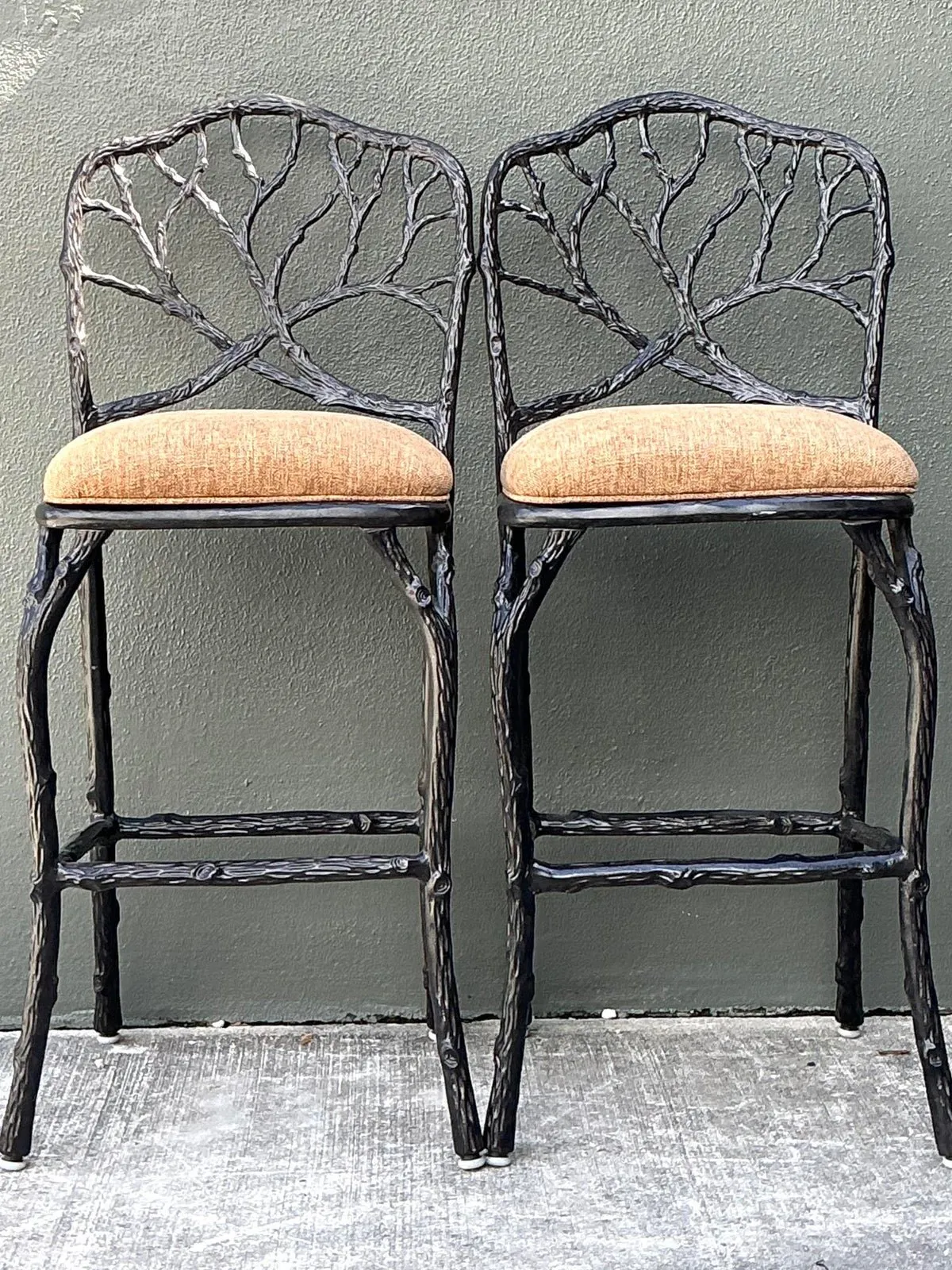 Vintage Veneman Cast Aluminum Branch Barstools. - A Pair