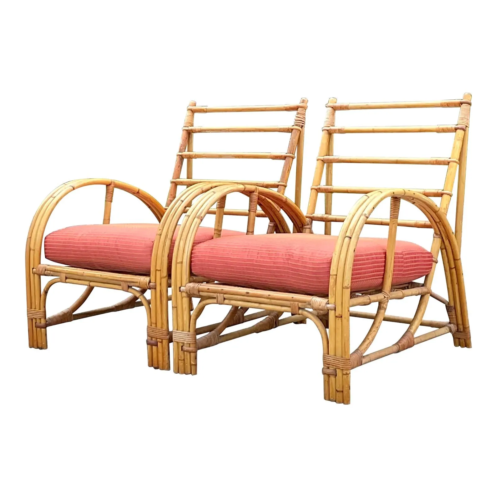 Vintage Coastal Bent Bamboo Arch Lounge Chairs - a Pair