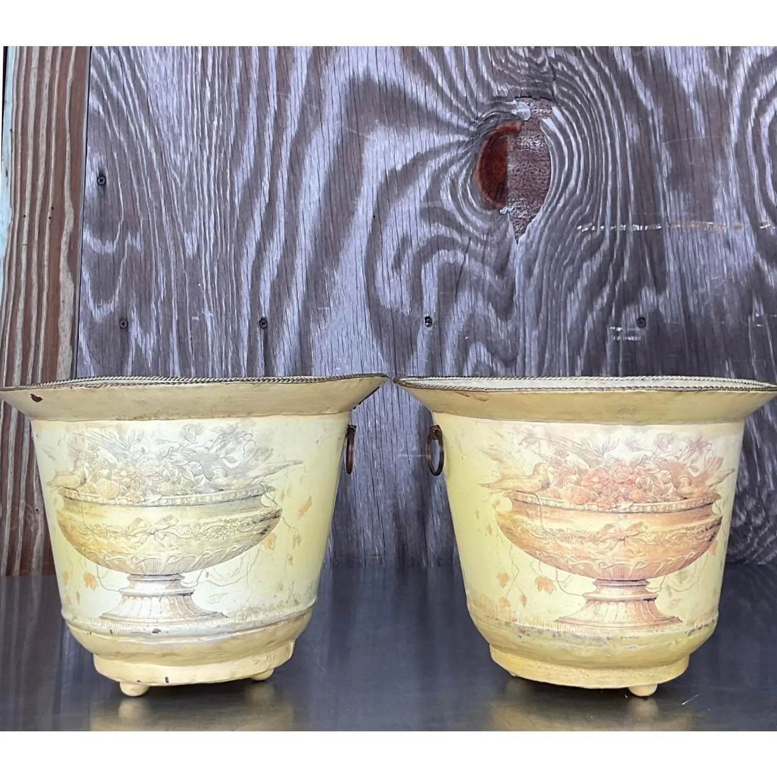 Vintage French Toile Metal Cache Pots - a Pair — additional photo 3
