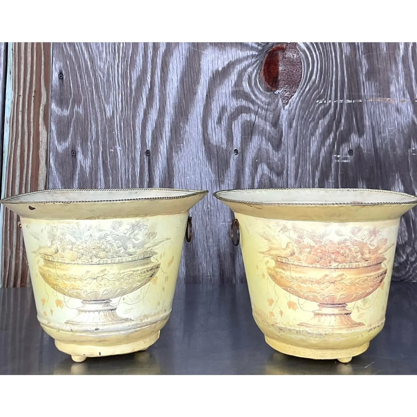 Vintage French Toile Metal Cache Pots - a Pair — additional photo 1