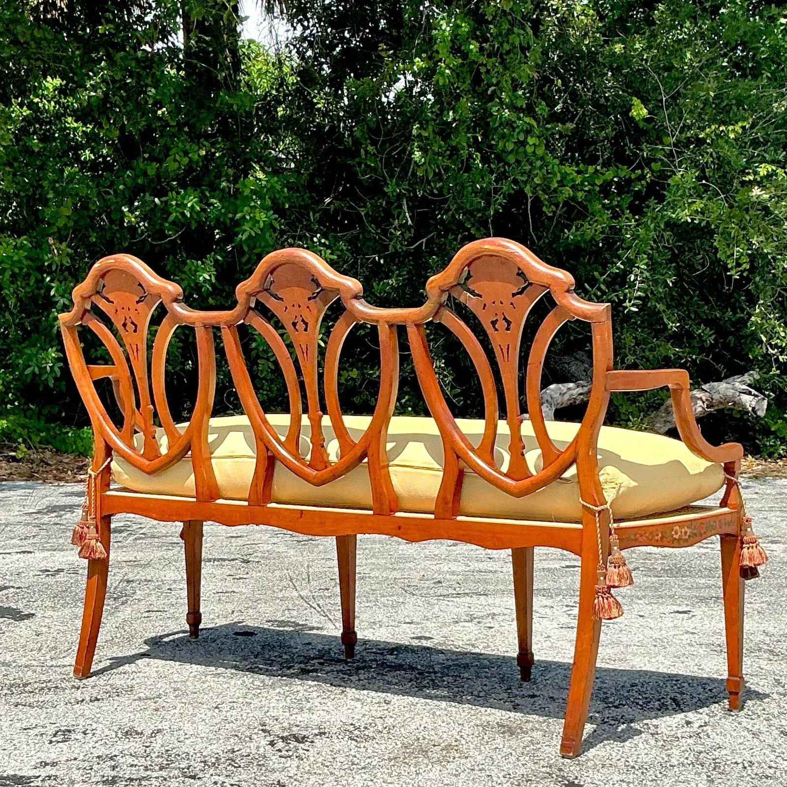 Vintage Regency Hand Painted Sheraton Satinwood Cane Bench — additional photo 2