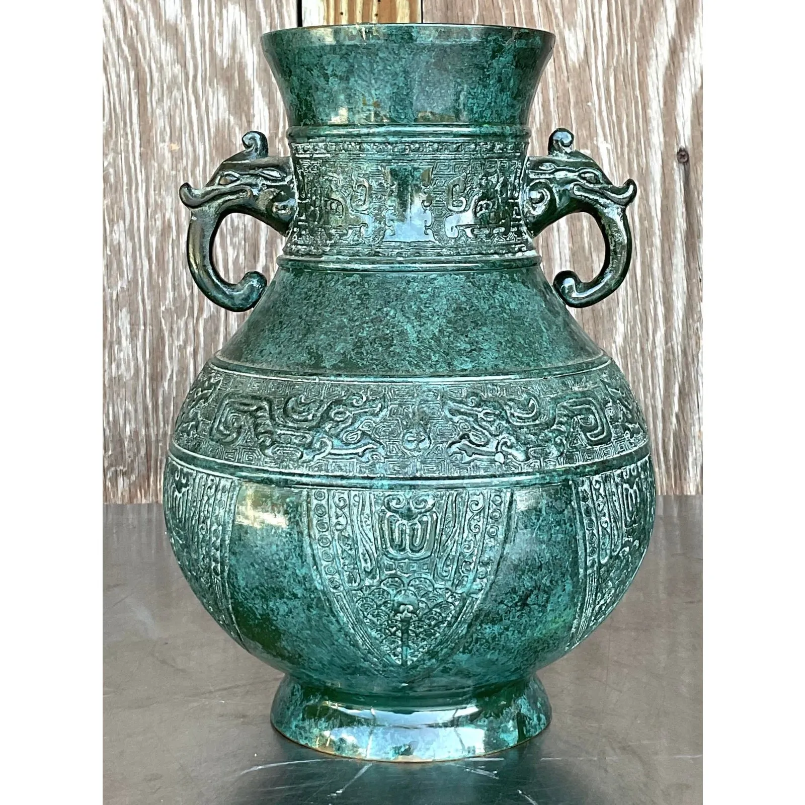 Vintage Boho Double Elephant Patinated Metal Vase — additional photo 1
