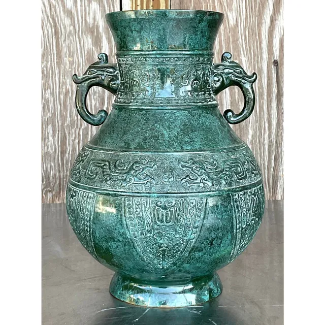Vintage Boho Double Elephant Patinated Metal Vase — additional photo 1