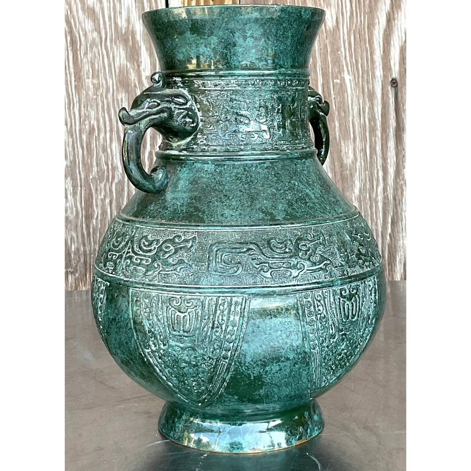Vintage Boho Double Elephant Patinated Metal Vase — additional photo 2