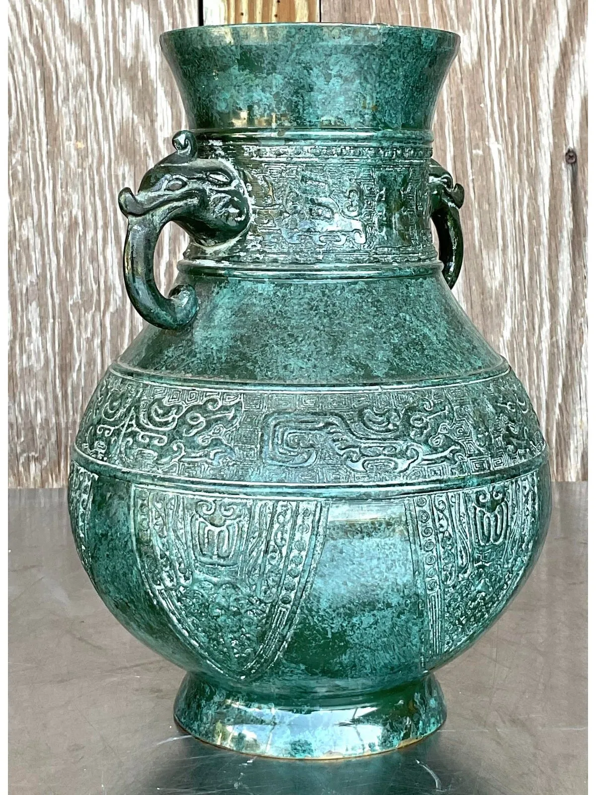 Vintage Boho Double Elephant Patinated Metal Vase — additional photo 2