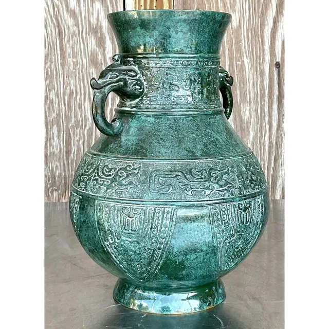 Vintage Boho Double Elephant Patinated Metal Vase — additional photo 3
