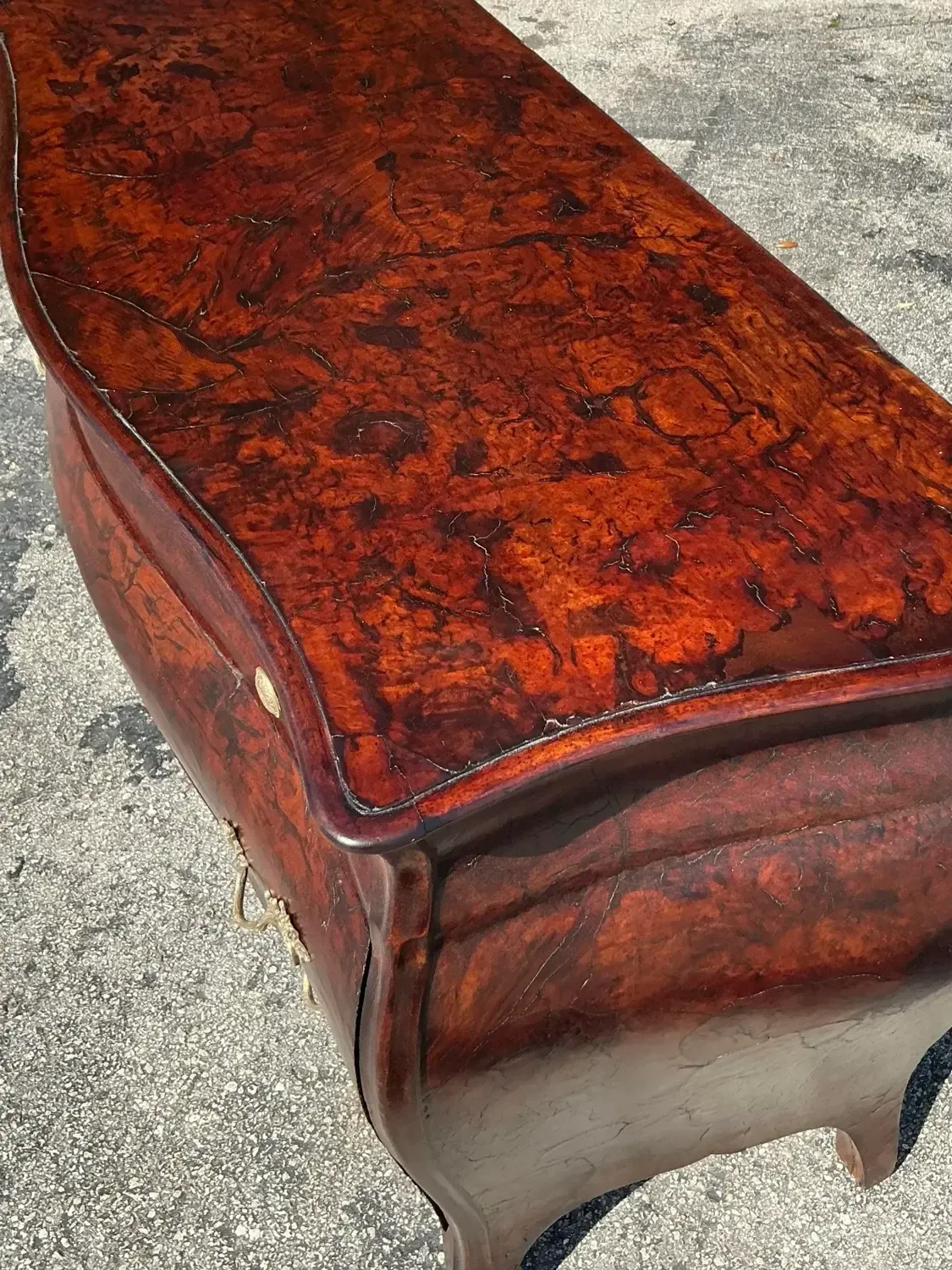 1970s Vintage Regency Olive Burl Wood Bombe Chest — additional photo 1