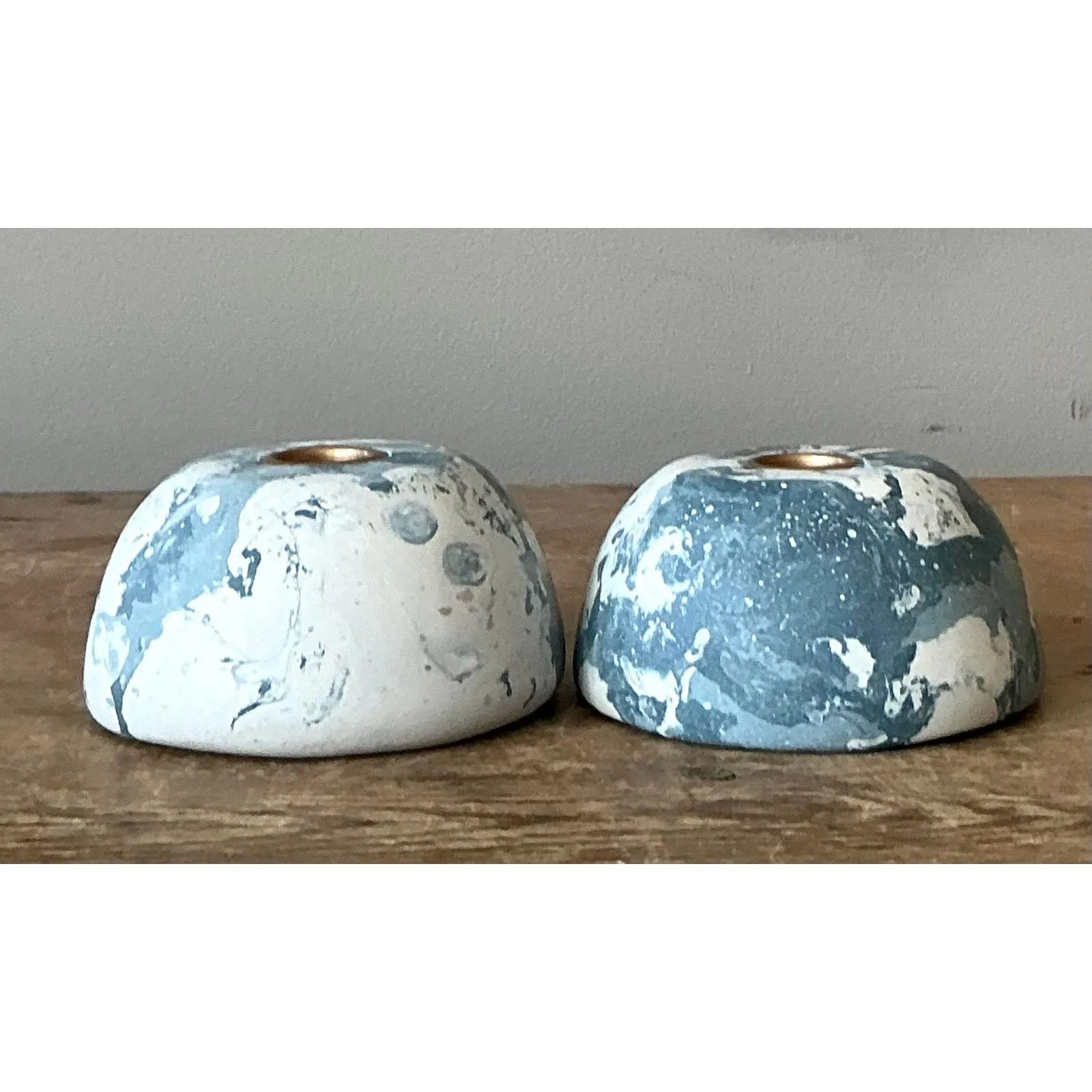 Boho Artisan Pigmented Plaster Scagliola Low Dome Candlestick Holders - Set of 2 — additional photo 2