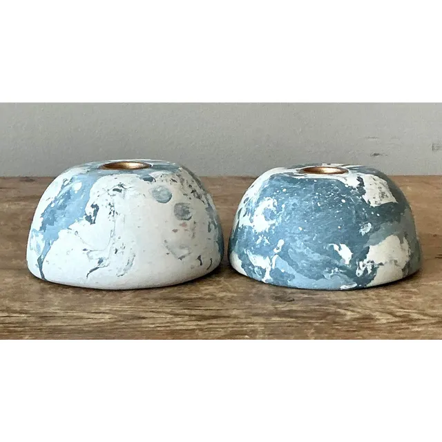 Boho Artisan Pigmented Plaster Scagliola Low Dome Candlestick Holders - Set of 2 — additional photo 3