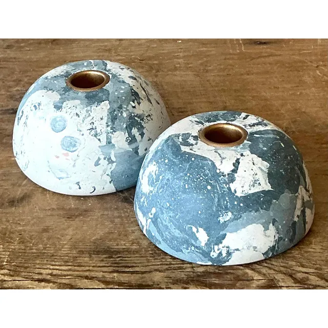 Boho Artisan Pigmented Plaster Scagliola Low Dome Candlestick Holders - Set of 2 — additional photo 4