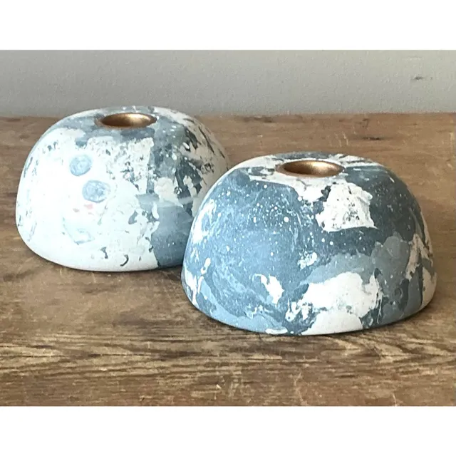 Boho Artisan Pigmented Plaster Scagliola Low Dome Candlestick Holders - Set of 2 — additional photo 5