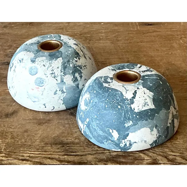 Boho Artisan Pigmented Plaster Scagliola Low Dome Candlestick Holders - Set of 2 — additional photo 6