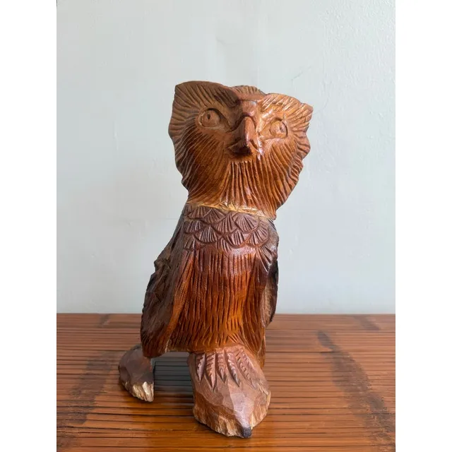 Boho Hand-Carved Wooden Owl Sculpture — additional photo 2