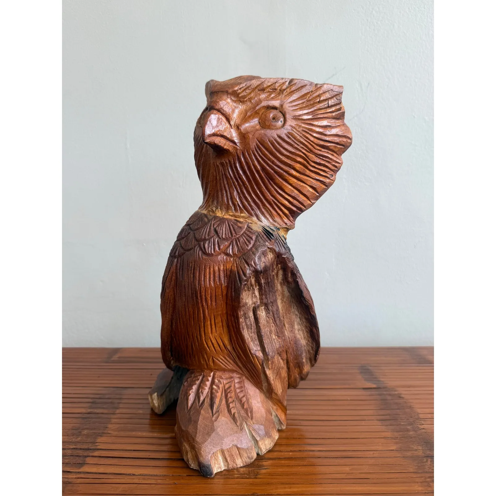 Boho Hand-Carved Wooden Owl Sculpture — additional photo 3