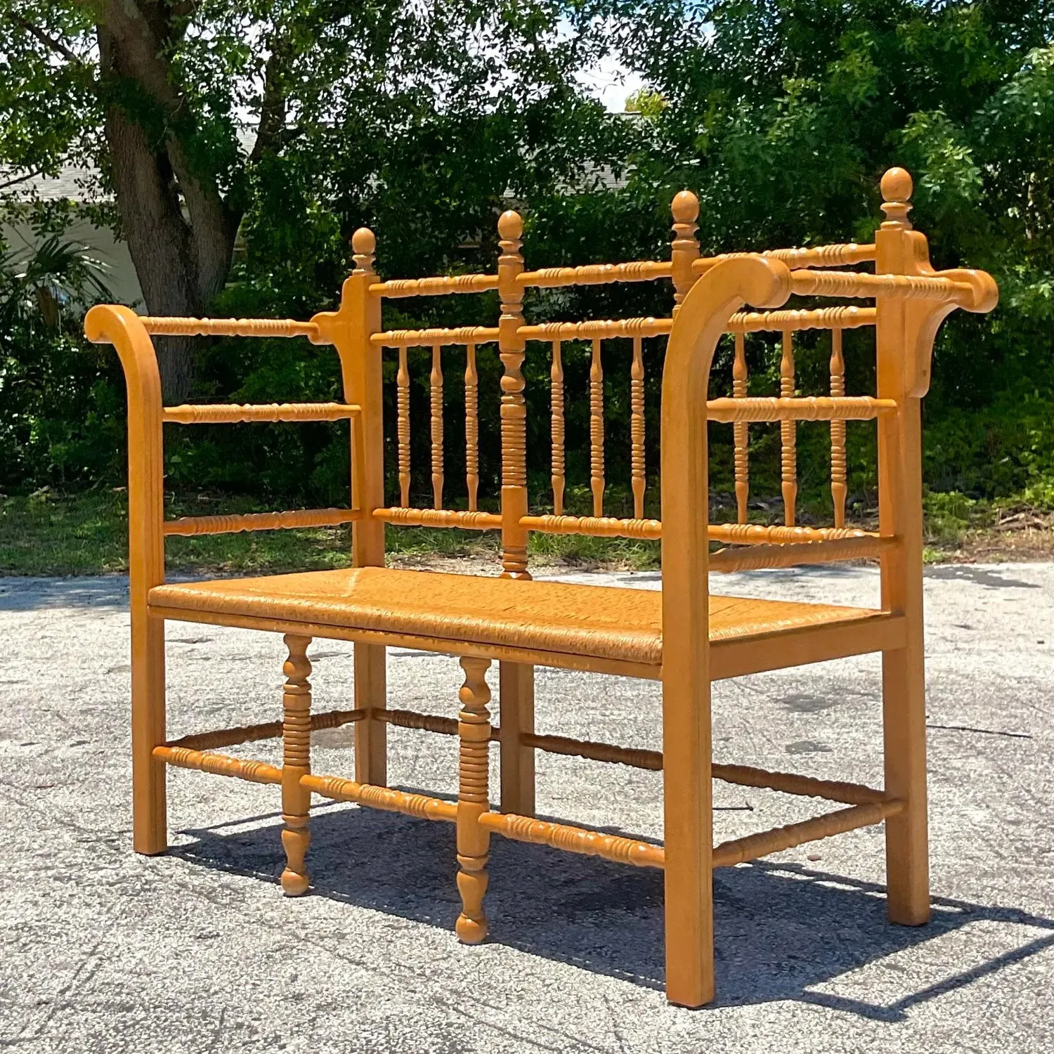 Vintage Boho Turned Wood Spindle Bench — additional photo 2