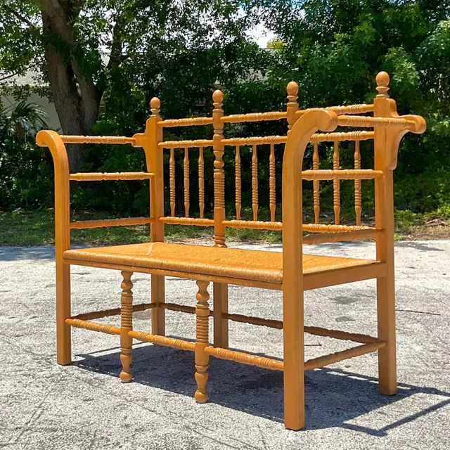 Vintage Boho Turned Wood Spindle Bench — additional photo 2