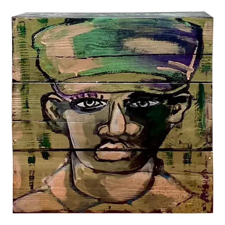 Contemporary Original Abstract Oil Portrait on Crate Signed Roland