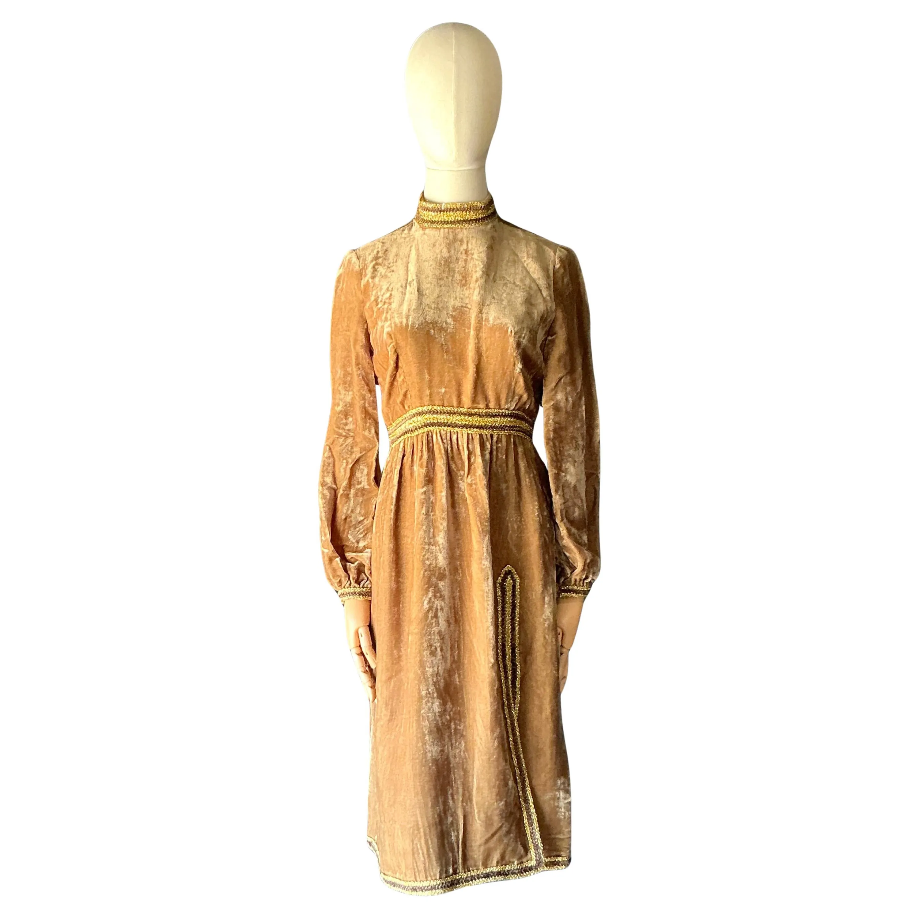 Vintage 1960s Oscar de la Renta Velvet Golden Bishop Sleeve Dress — additional photo 1