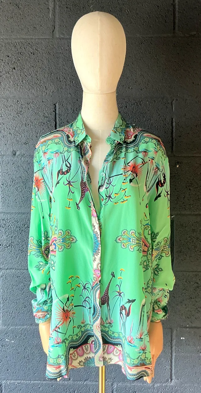 Vintage Etro Green Bird Silk Blouse — additional photo 2
