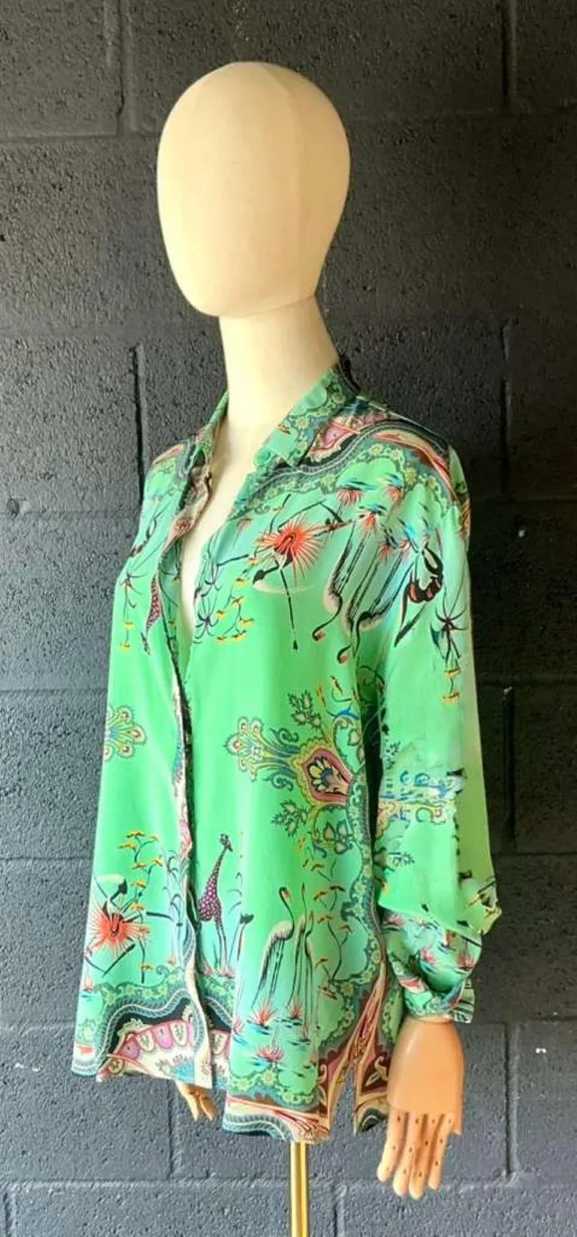 Vintage Etro Green Bird Silk Blouse — additional photo 4