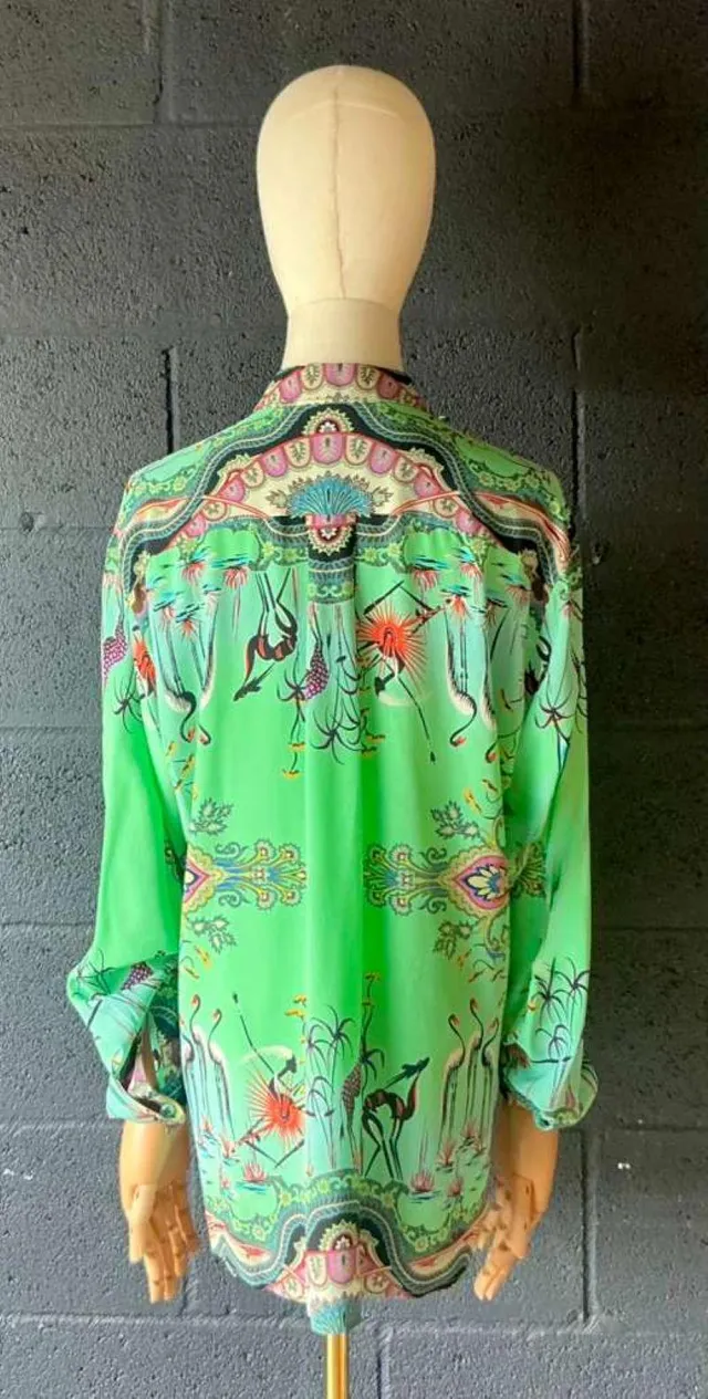 Vintage Etro Green Bird Silk Blouse — additional photo 5