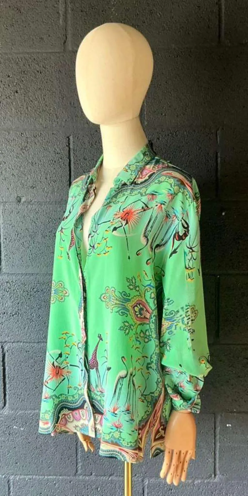 Vintage Etro Green Bird Silk Blouse — additional photo 6