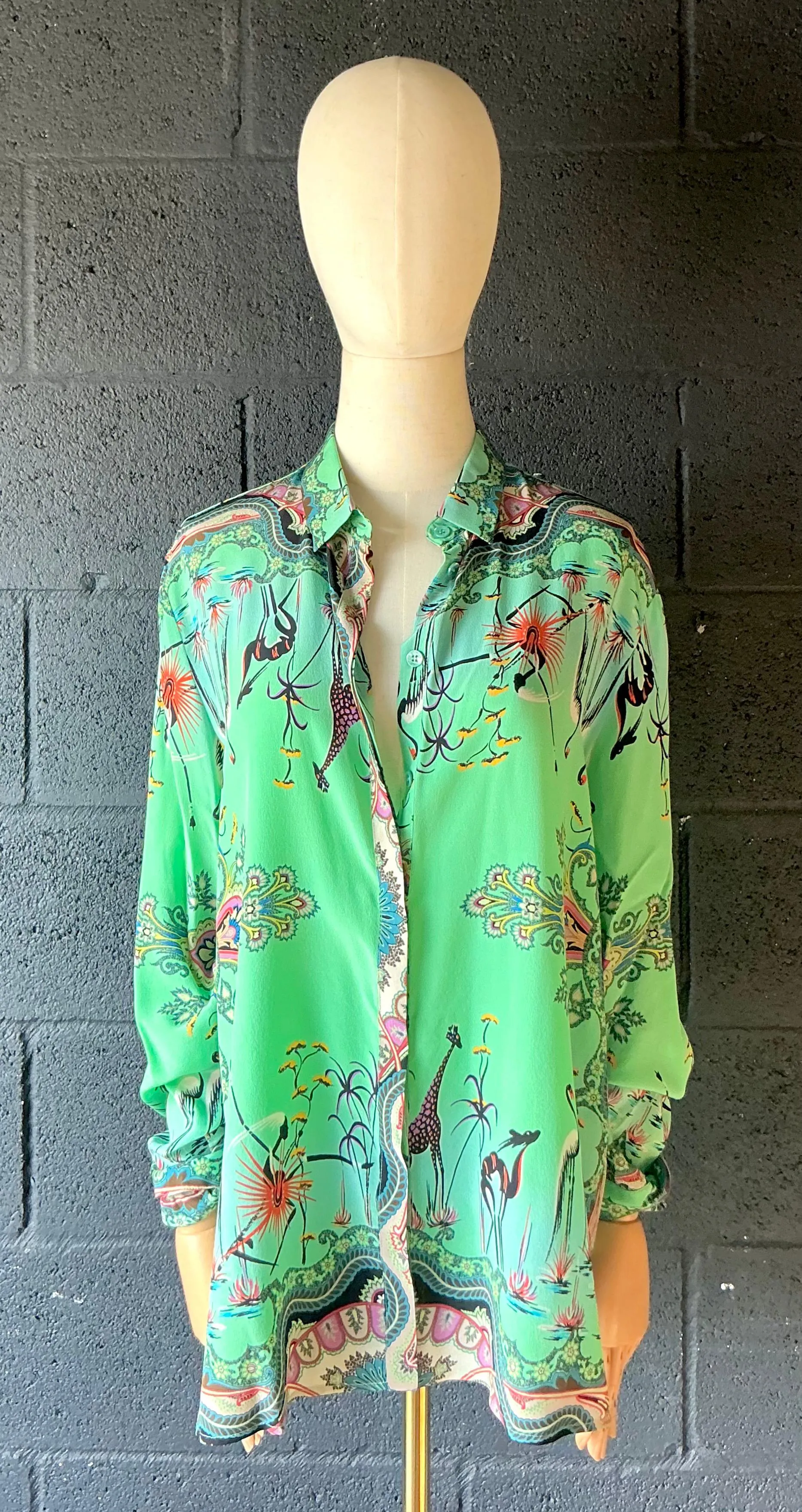 Vintage Etro Green Bird Silk Blouse — additional photo 7