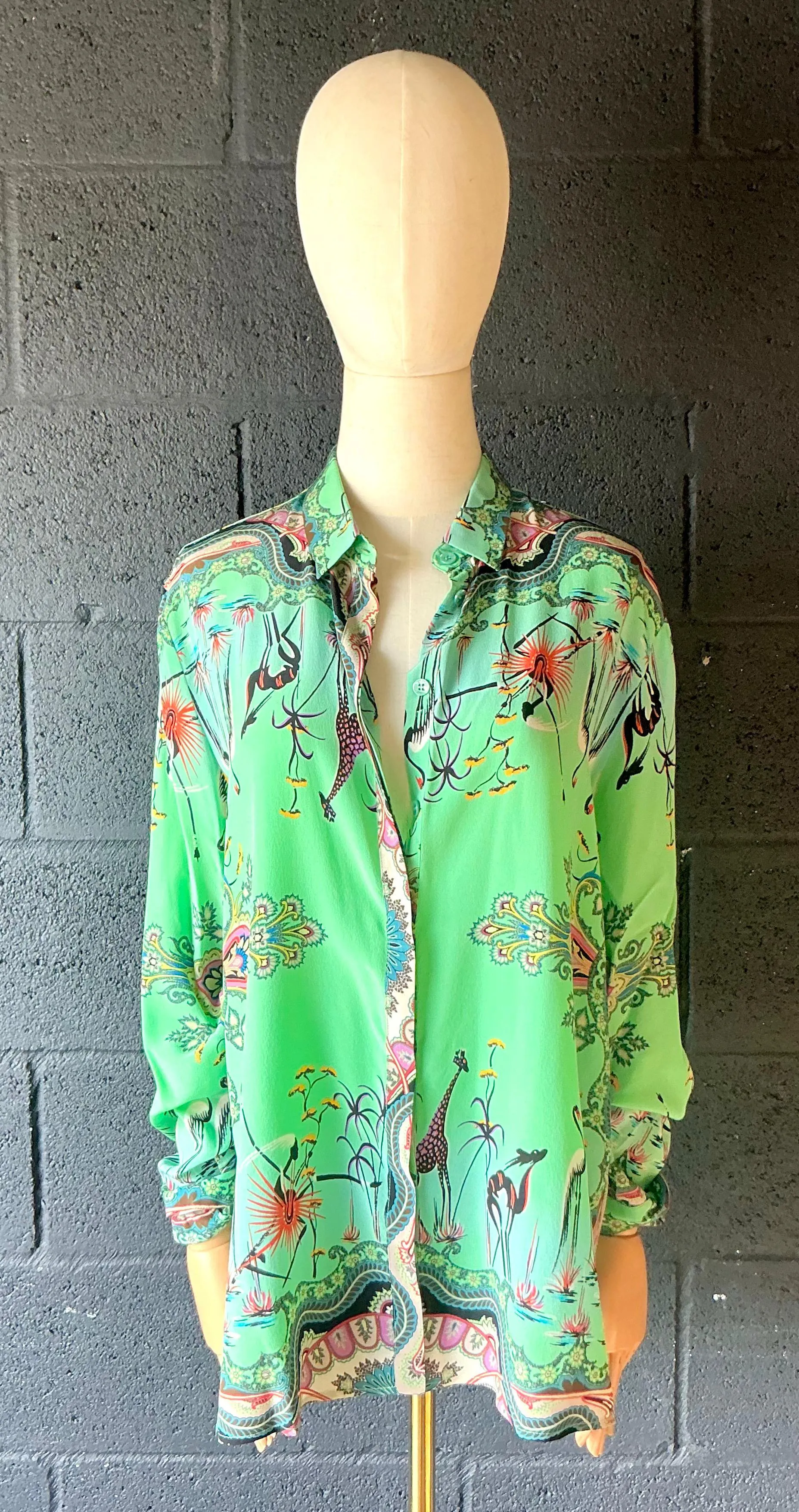 Vintage Etro Green Bird Silk Blouse — additional photo 8