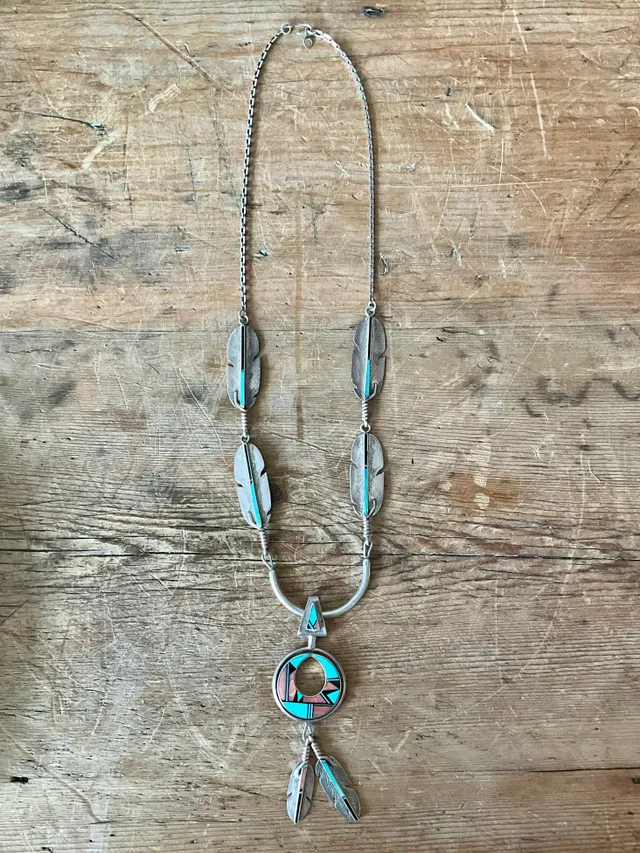 Vintage Turquoise Native American 925 Silver Pendant Necklace — additional photo 1